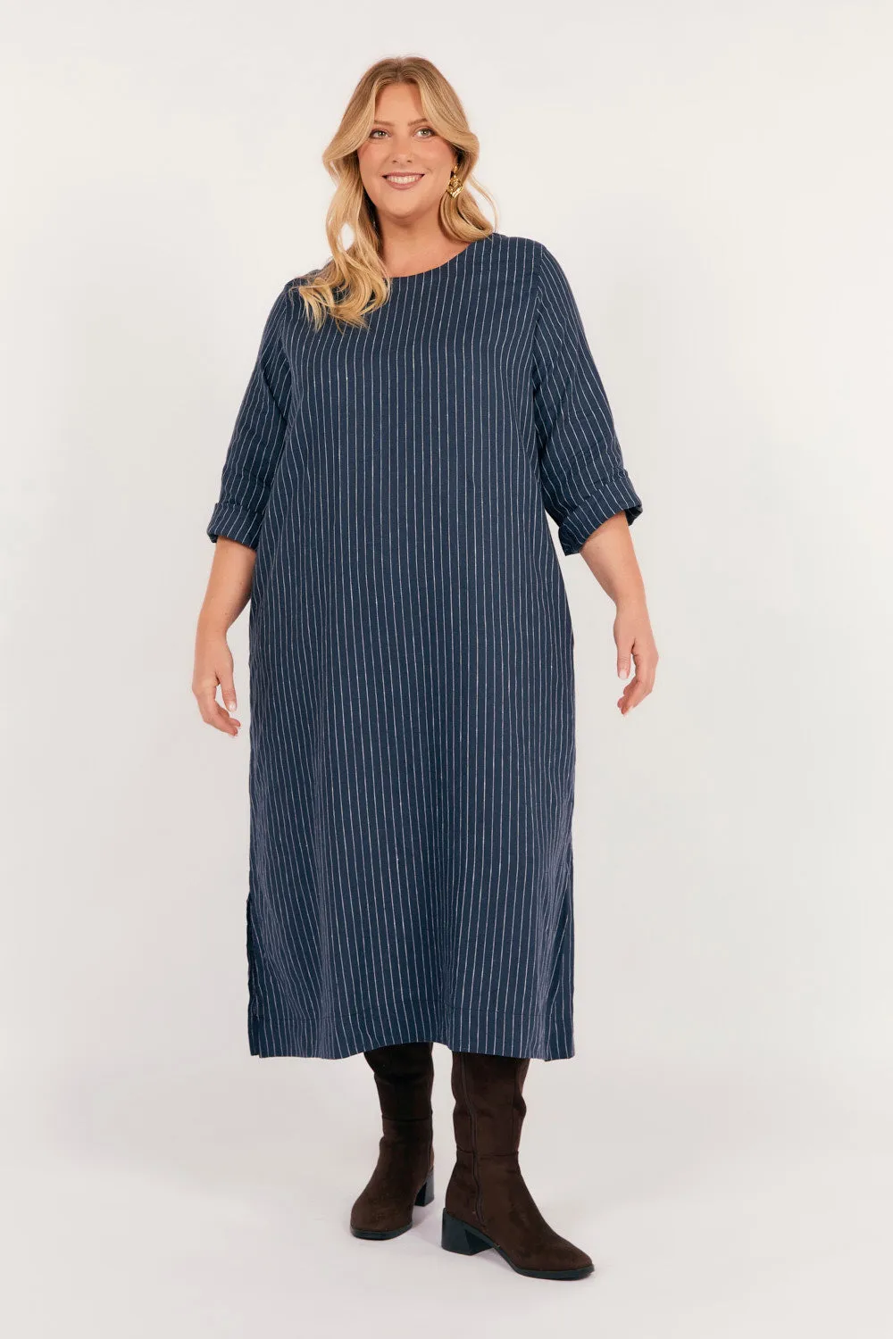 Jarla Linen Midi Dress in Pinstripe Comfort Mode