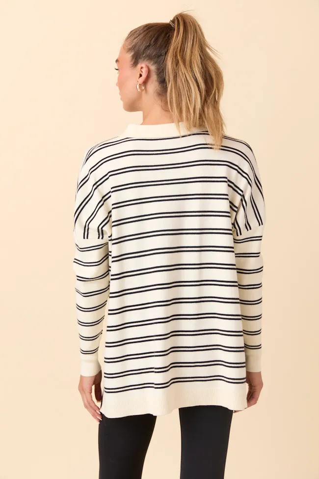 StretchableFabric Queen Glow Jurnee Ivory and Black Striped V-Neck Sweater