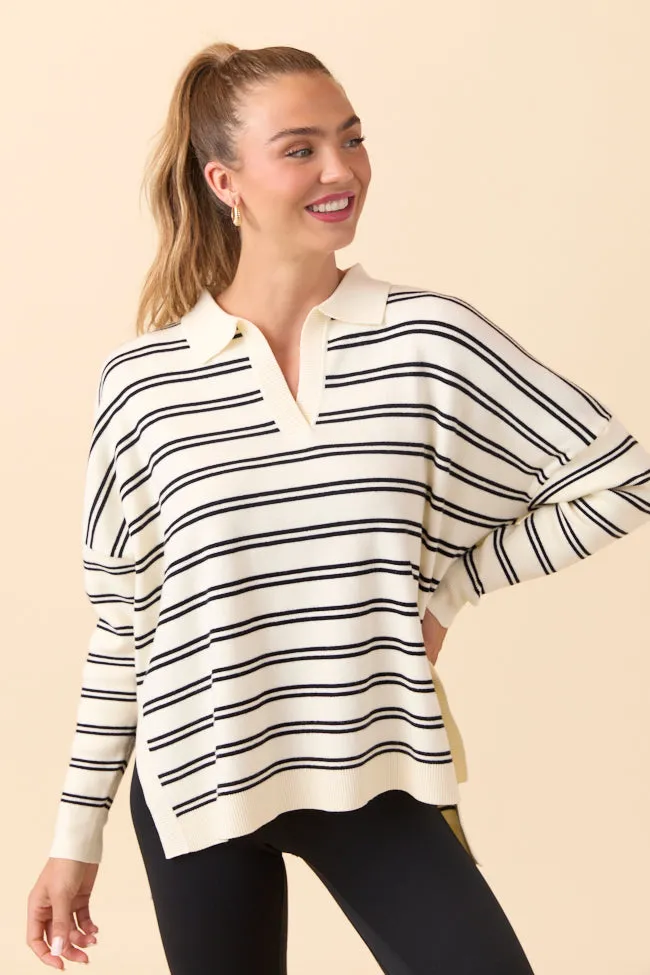 Compression Fit Jurnee Ivory and Black Striped V-Neck Sweater