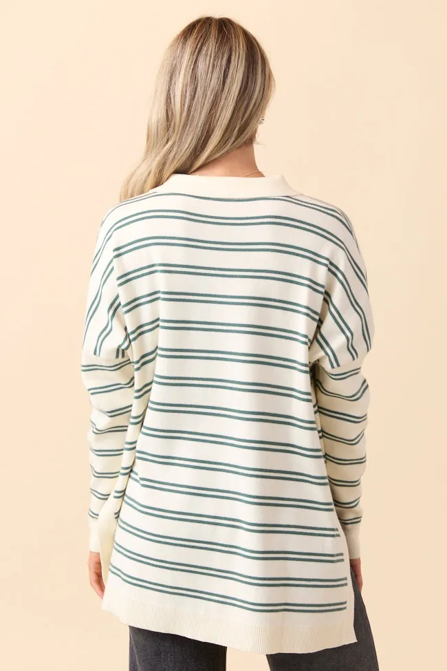 Lightweight Jacket Strong Soul Jurnee Ivory and Green Striped V-Neck Sweater