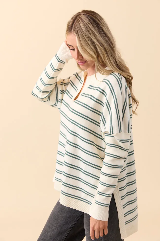 Jurnee Ivory and Green Striped V-Neck Sweater Weatherproof Outerwear
