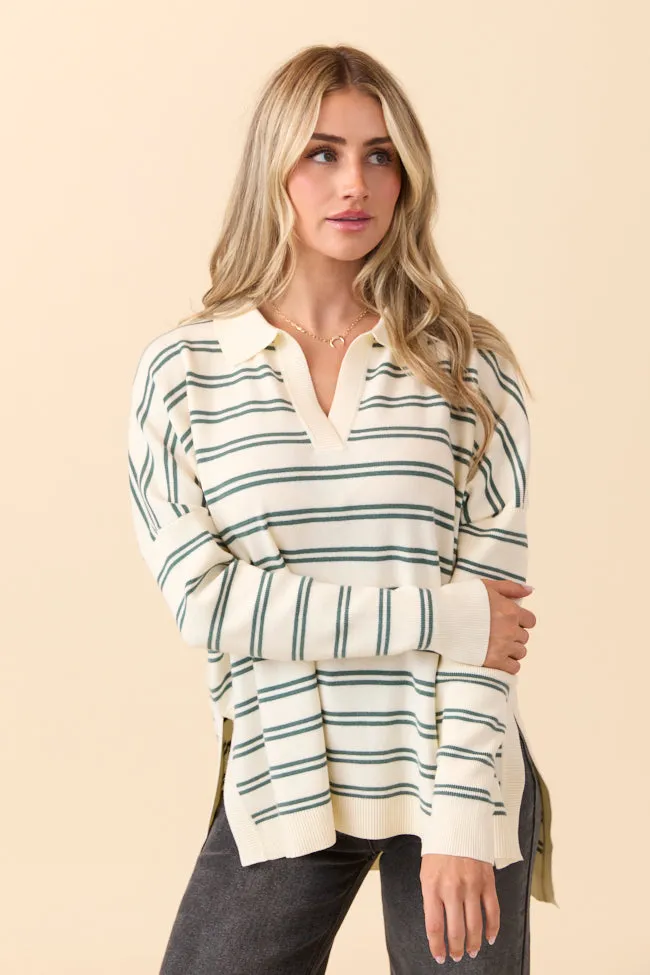 AdjustableStraps Jurnee Ivory and Green Striped V-Neck Sweater