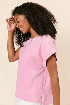 simple design Kamryn Studded Short Sleeve Pink Acid Wash Tee
