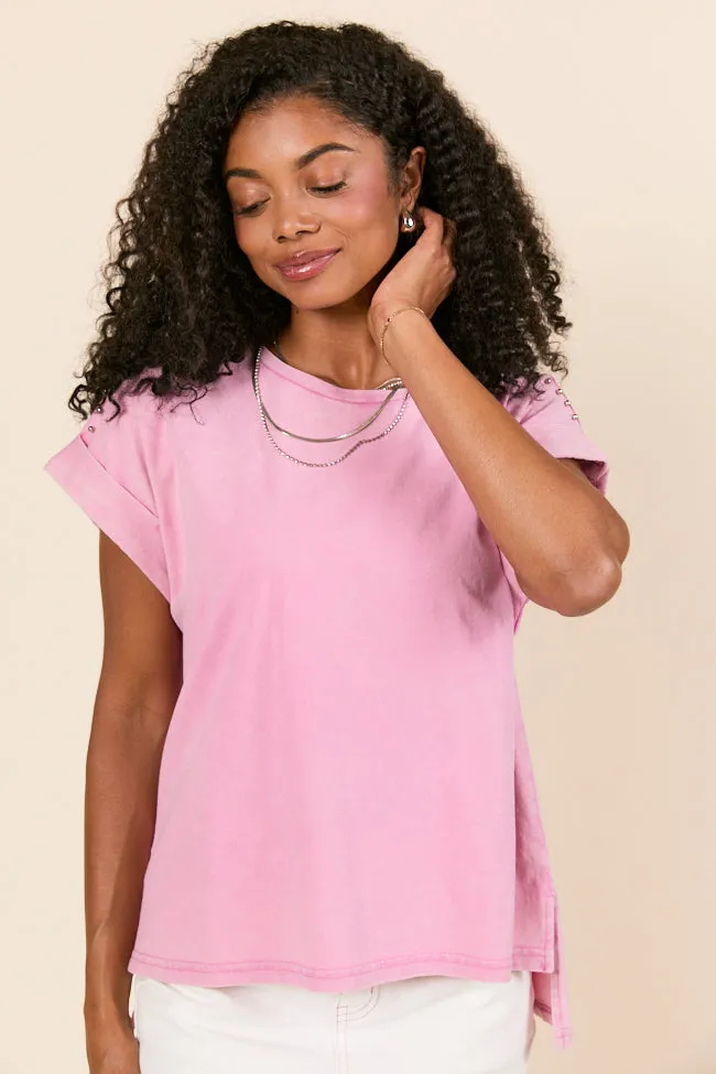 Kamryn Studded Short Sleeve Pink Acid Wash Tee ComfortStretch