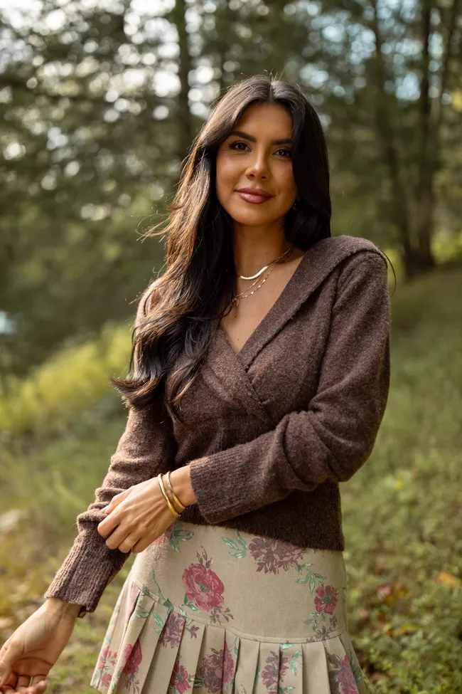 LowMaintenance Material Kayce Chocolate Brown Hooded V-Neck Surplice Sweater