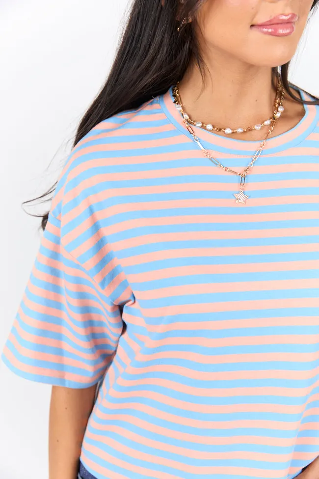 Keep It Casual Blue and Coral Multi Boxy Striped Tee SALE Euro Mood AntiFadeTechnology