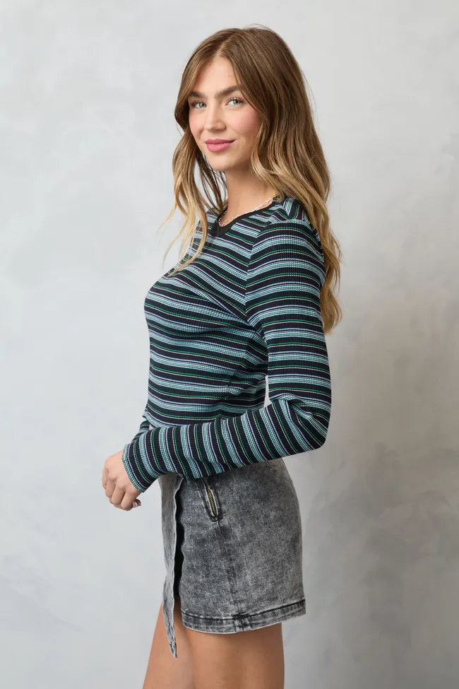 Keiko Black Multi Striped Long Sleeve Crewneck Top Relaxed Blouse Sky Cool