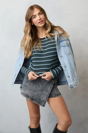 SlipResistantWaistband Keiko Black Multi Striped Long Sleeve Crewneck Top