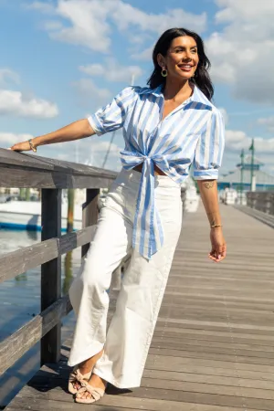 Royal Mode Key To Style Blue Striped Tie Front Collared Blouse SALE