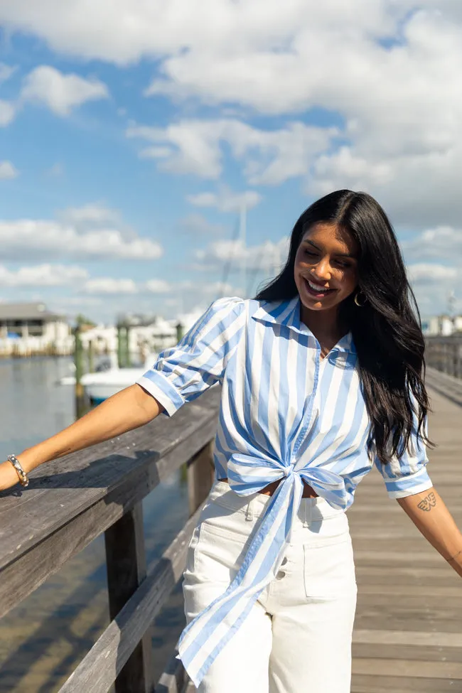 Key To Style Blue Striped Tie Front Collared Blouse SALE Organic Cotton Certification