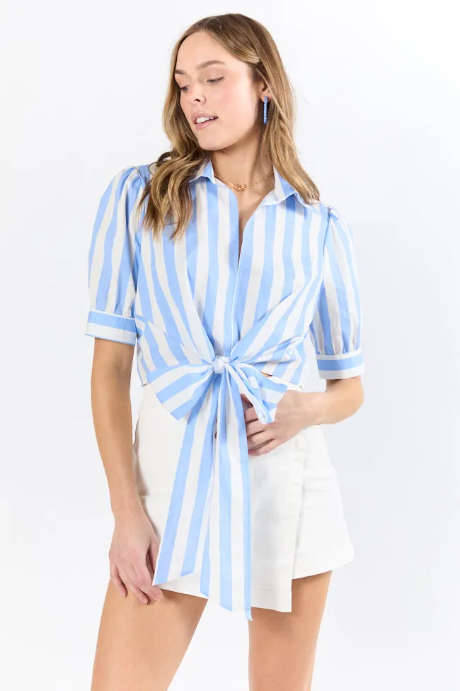 SmoothFinish Key To Style Blue Striped Tie Front Collared Blouse SALE