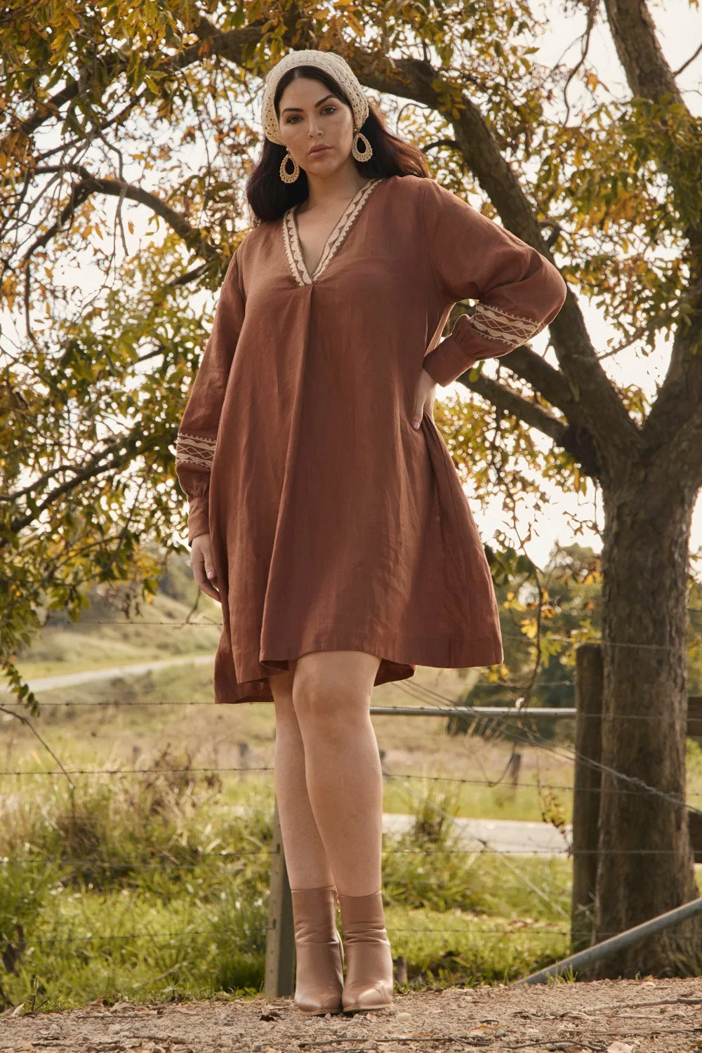 Polished Edge Natural Fit Kora Long Sleeve Linen Dress in Rum Caramel