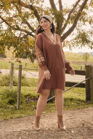 Kora Long Sleeve Linen Dress in Rum Caramel Modern Design Love Glow