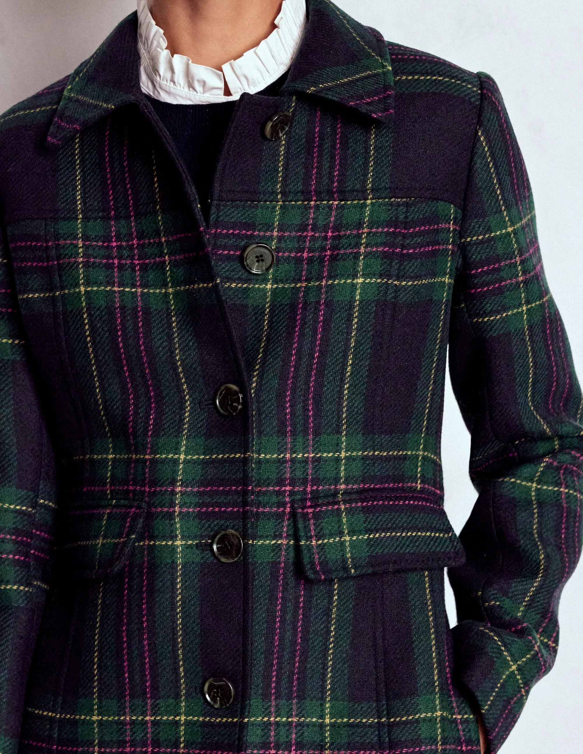 St Albans Coat-Navy & Green Tonal Check Tear Resistant Fabric Blends Articulated Ergonomic Fit
