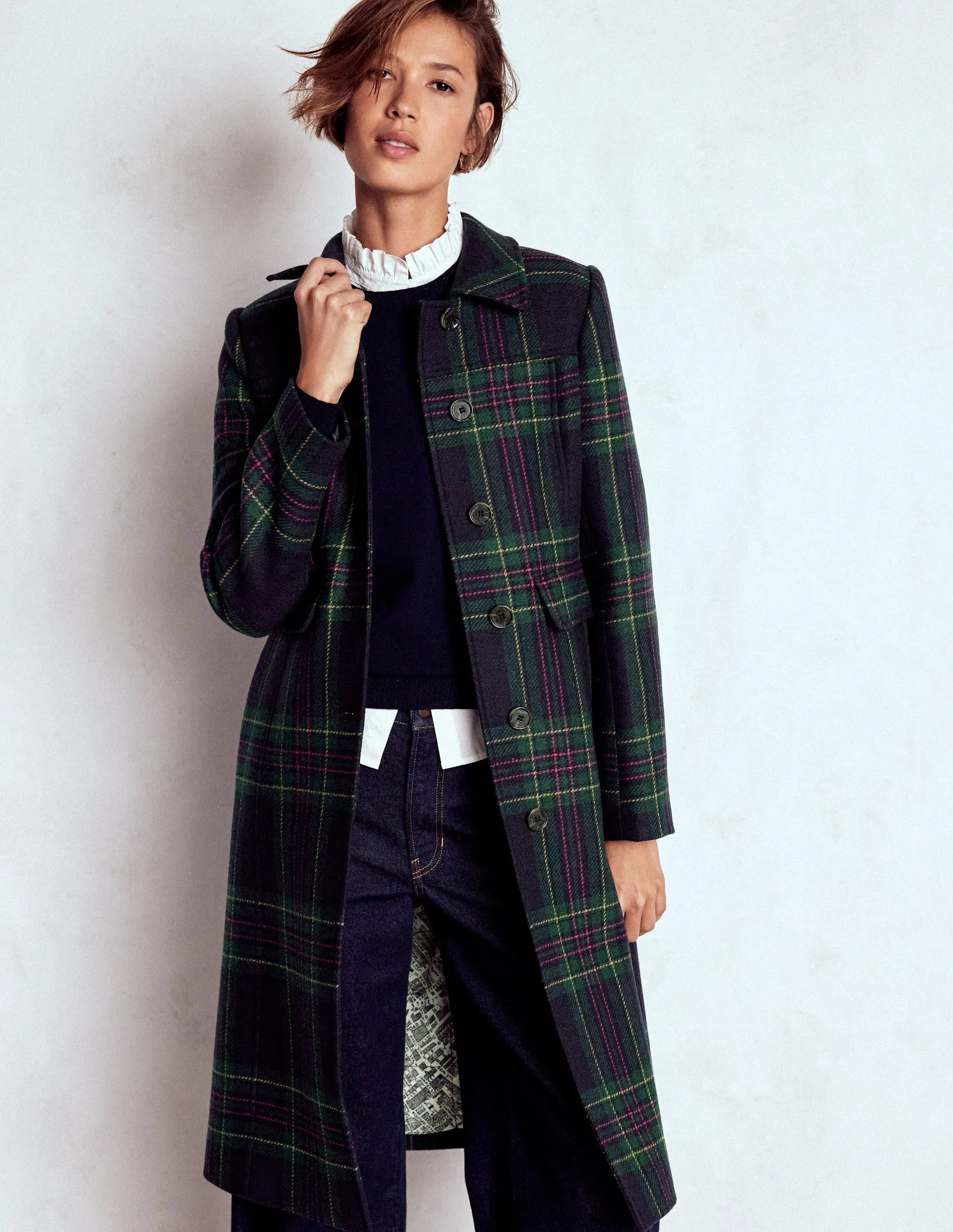 SeamlessShoulderPanels Breathable City Style St Albans Coat-Navy & Green Tonal Check