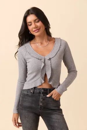 Linda Grey Ruffled Neckline Long Sleeve Knit Top Neat Edge