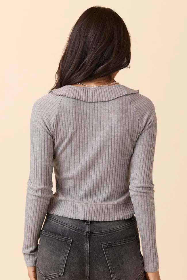 Vented Panels Linda Grey Ruffled Neckline Long Sleeve Knit Top