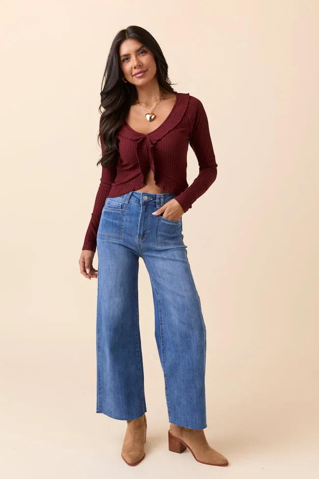 Airflow Vents Grace Ease Linda Wine Ruffled Neckline Long Sleeve Knit Top