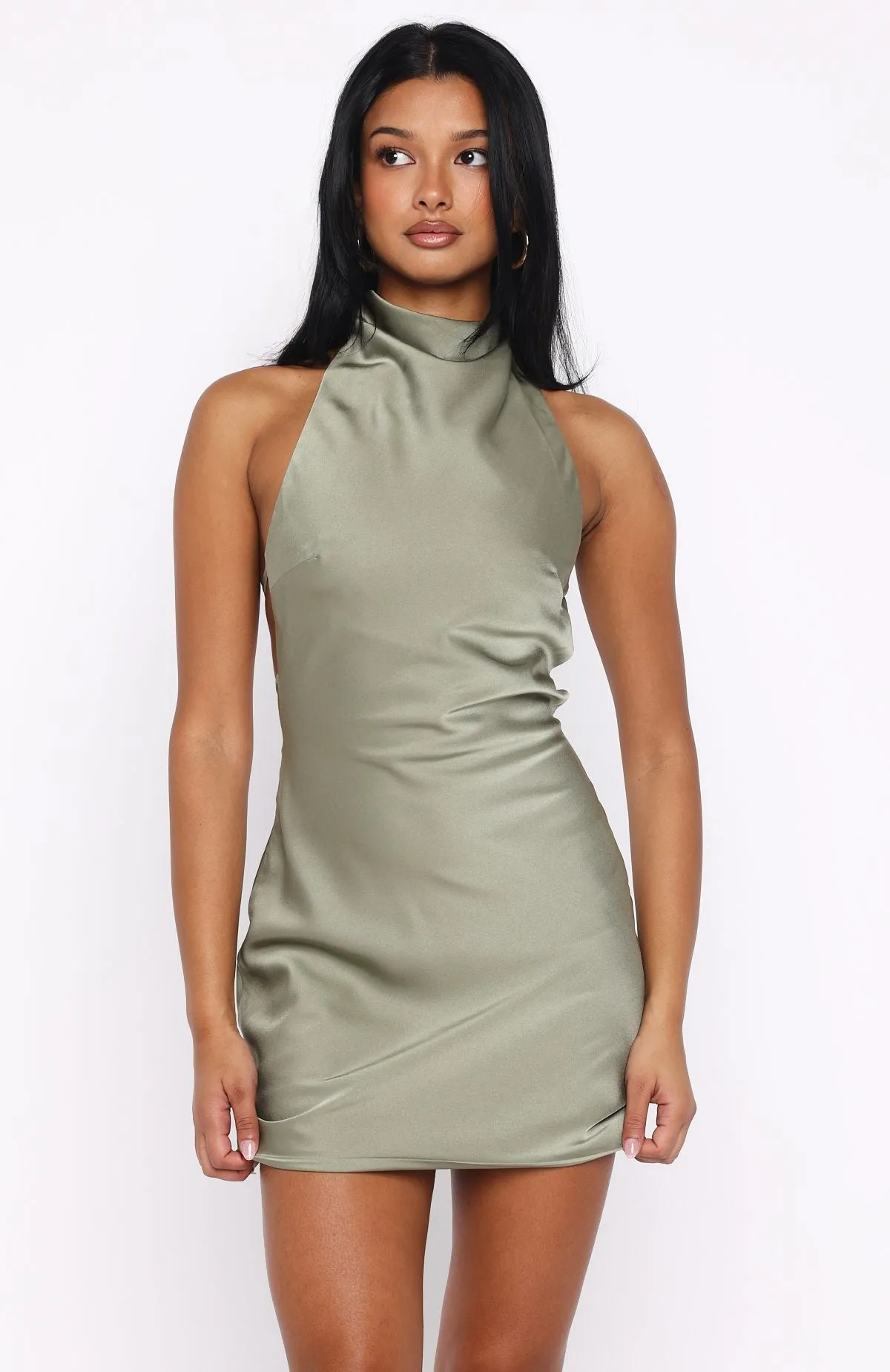 Subtle Edge Layering-Piece Just Small Talk Halter Mini Dress Khaki