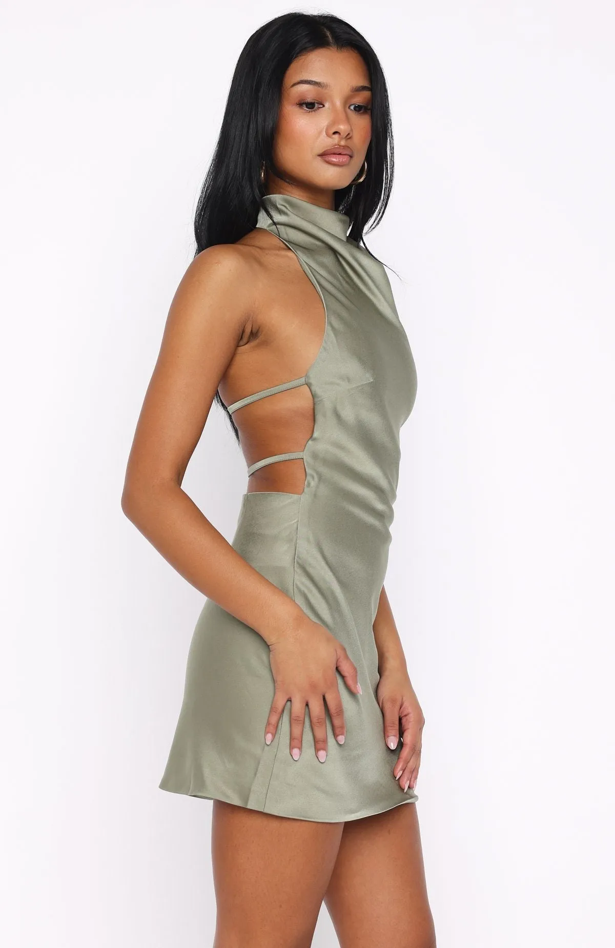 Daily Form Just Small Talk Halter Mini Dress Khaki
