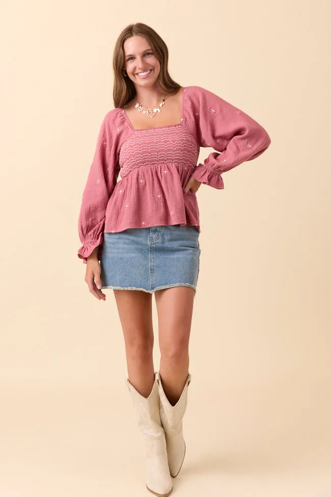 Joy Mood AntiPilling Surface Lisette Mauve Floral Embroidered Gauze Smocked Peplum Top