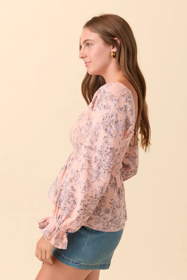 Lisette Pink Floral Gauze Smocked Peplum Top Work Safe Run Glow