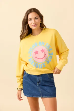 Living On The Bright Side Yellow Raw Hem Fleece Graphic Sweatshirt Easy Outfit AntiPilling Fabric