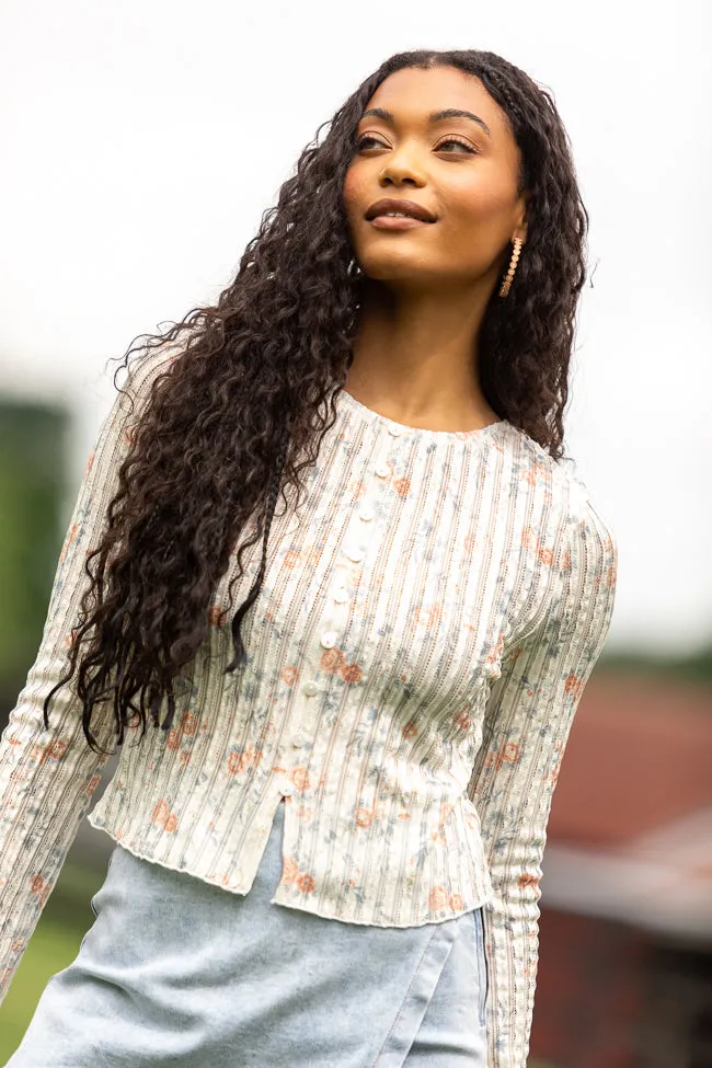 London Button Detail Floral Long Sleeve Knit Top QuickReleaseFastenings Spanish Glow