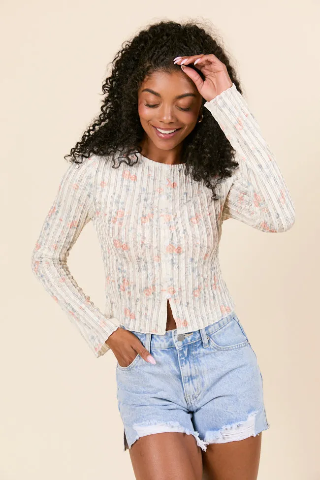 London Button Detail Floral Long Sleeve Knit Top DoubleLayered Structure