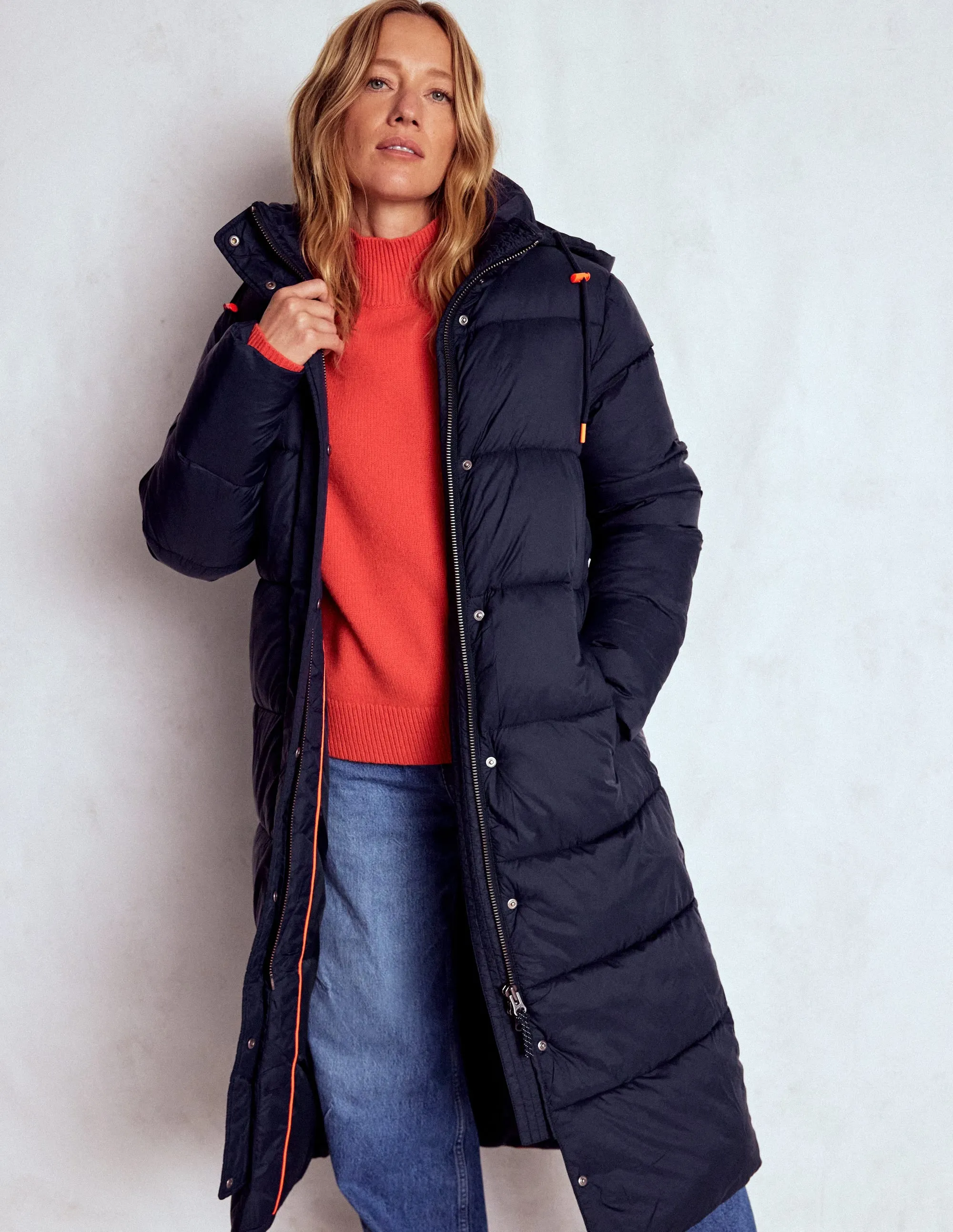 Longline Padded Coat-Navy UV Protection Finish Breathable Outer Shell