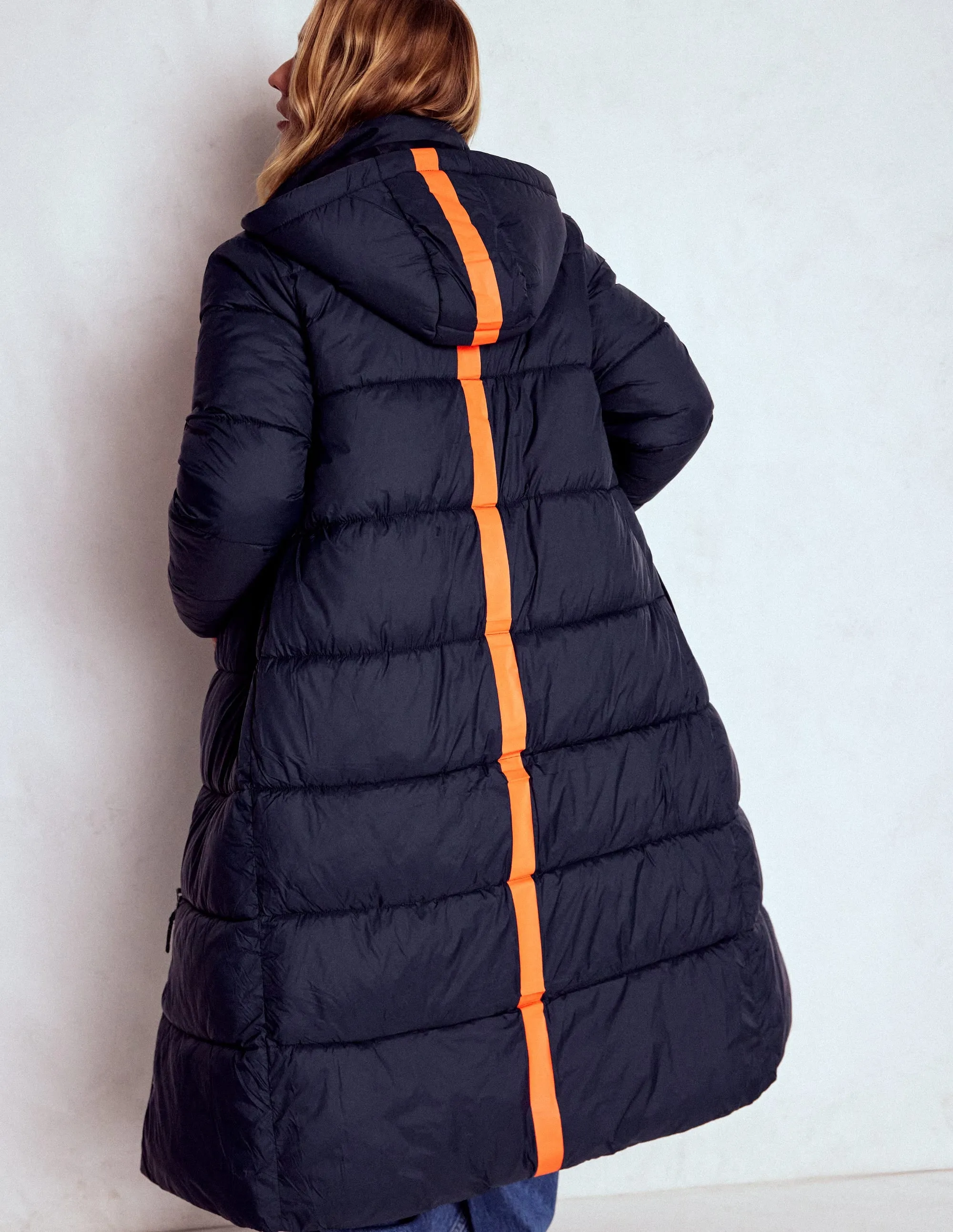Easy Care Material High Neck Longline Padded Coat-Navy
