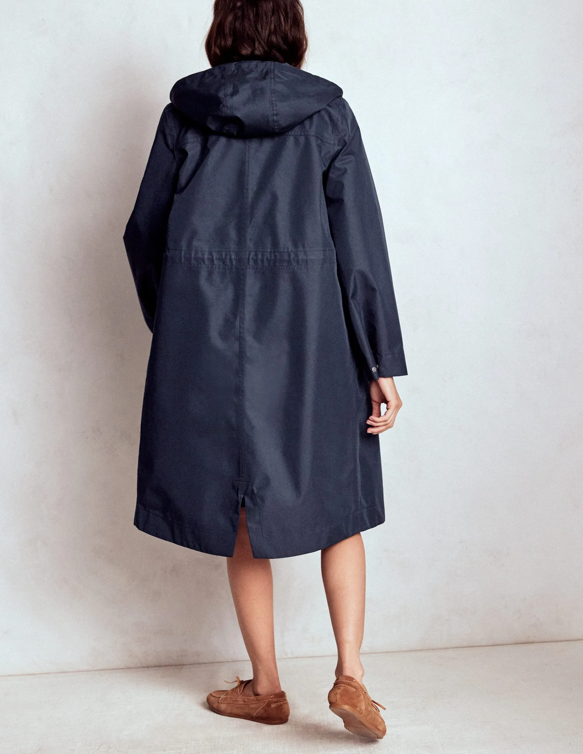 wrinkle free Minimalist Pocket Layout Longline Rain Mac-Navy Colourblock