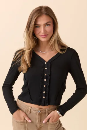 NonRestrictiveSilhouette Stylish Fashion Lorraine Black Ruffle Front Knit Cardigan