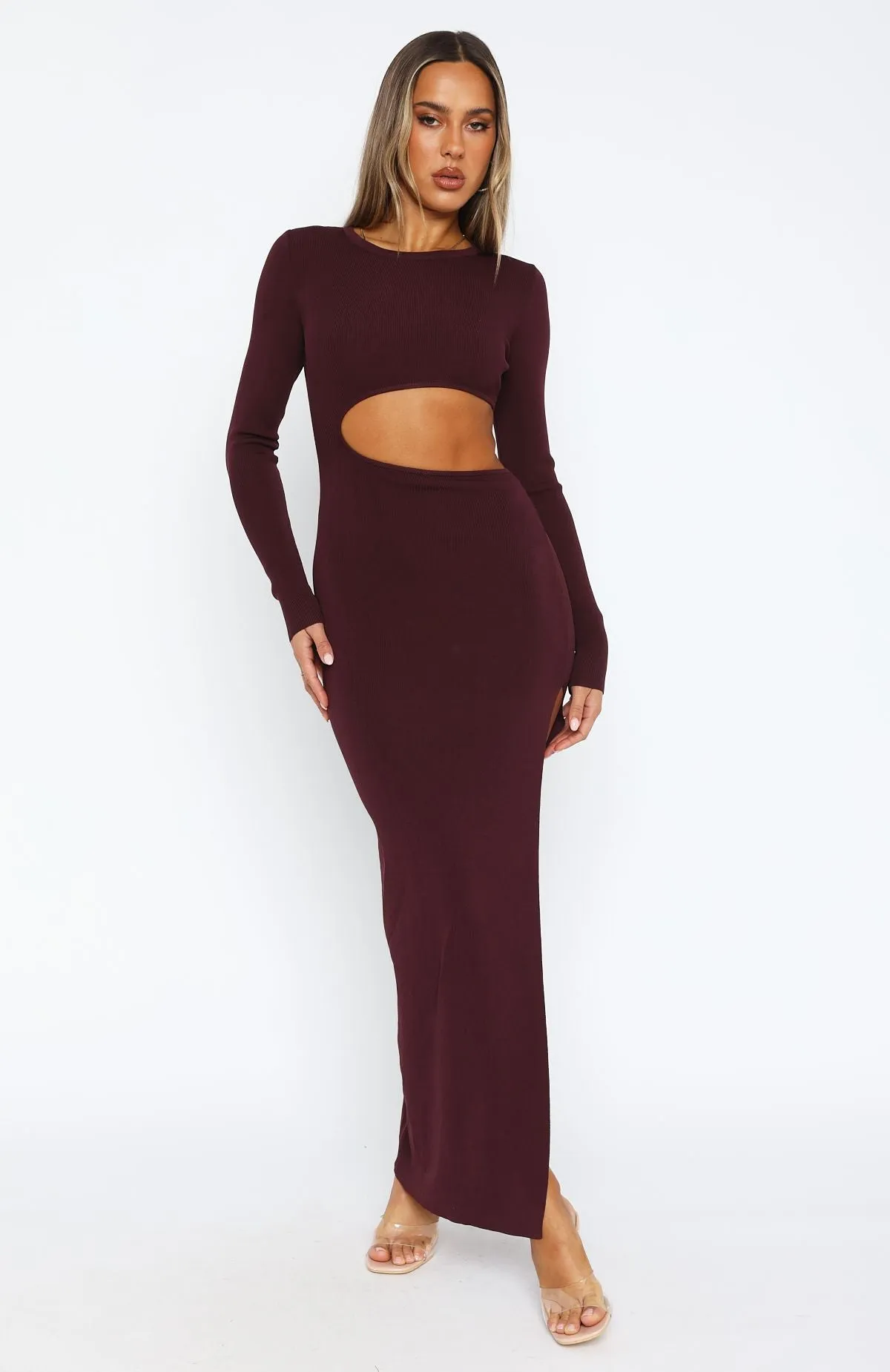 Muted Tones Pure Lines Love Me Again Long Sleeve Maxi Dress Dark Burgundy