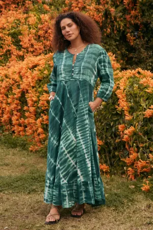 Bonnie Umbrella Dress in Shibori Green Versatile Fit Shiny-Lining
