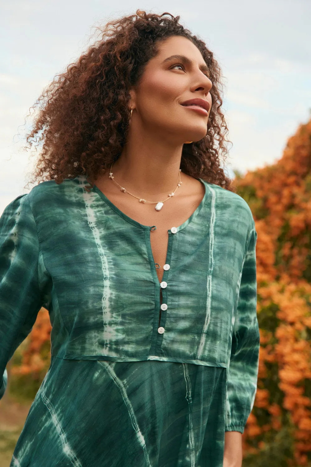 Bonnie Umbrella Dress in Shibori Green Subtle Stitch