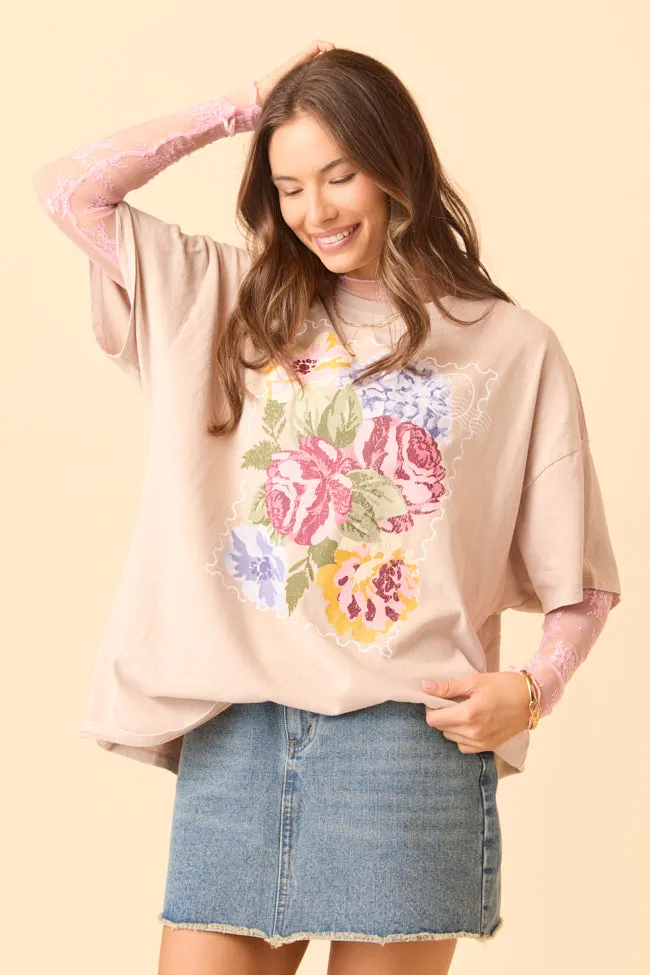 Floral Stamp Taupe Oversized Graphic Tee SeamlessPockets