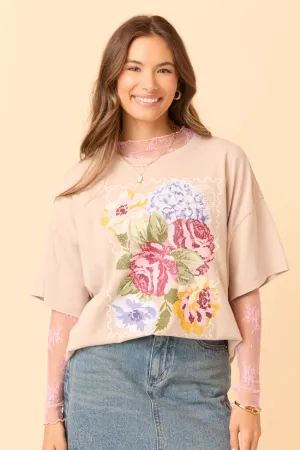 Floral Stamp Taupe Oversized Graphic Tee Classic Suit