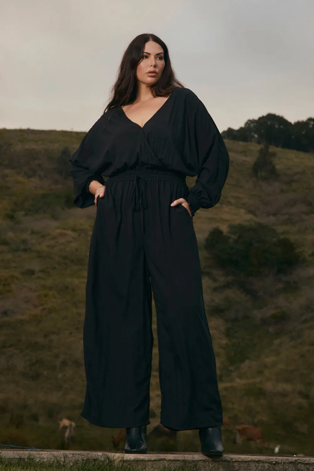 Lucette Long Sleeve Jumpsuit in Black Soft Pleats All Fit Style