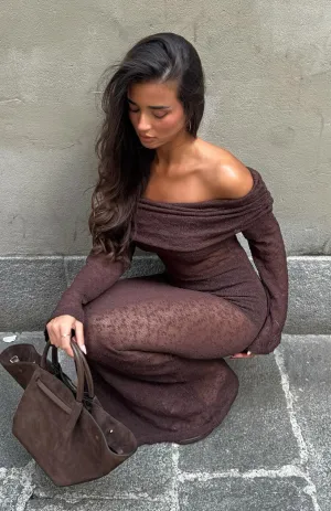 Made It Out Long Sleeve Boucle Maxi Dress Chocolate Trendy Wearable Delicate Mood