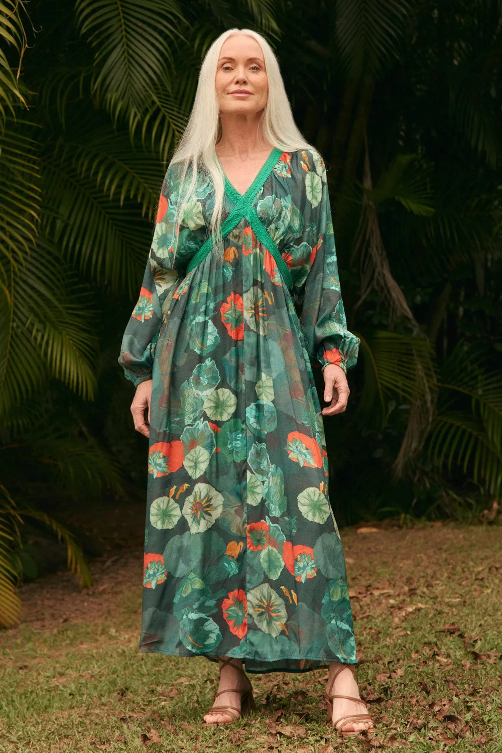 Margot Cross-Body Dress in Lotus Casual Elegance Vibrant color dress