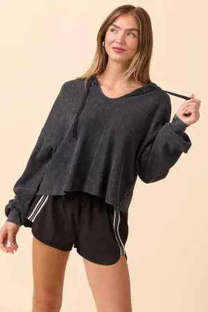 Flexible Fabric Blend Marnie Black Long Sleeve Mineral Wash Thermal Hoodie