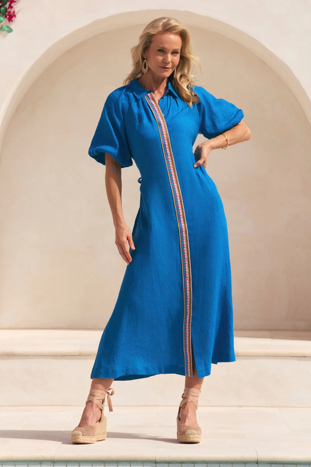Practical work-to-play piece Matilda Linen Collared Dress in Mediterranean