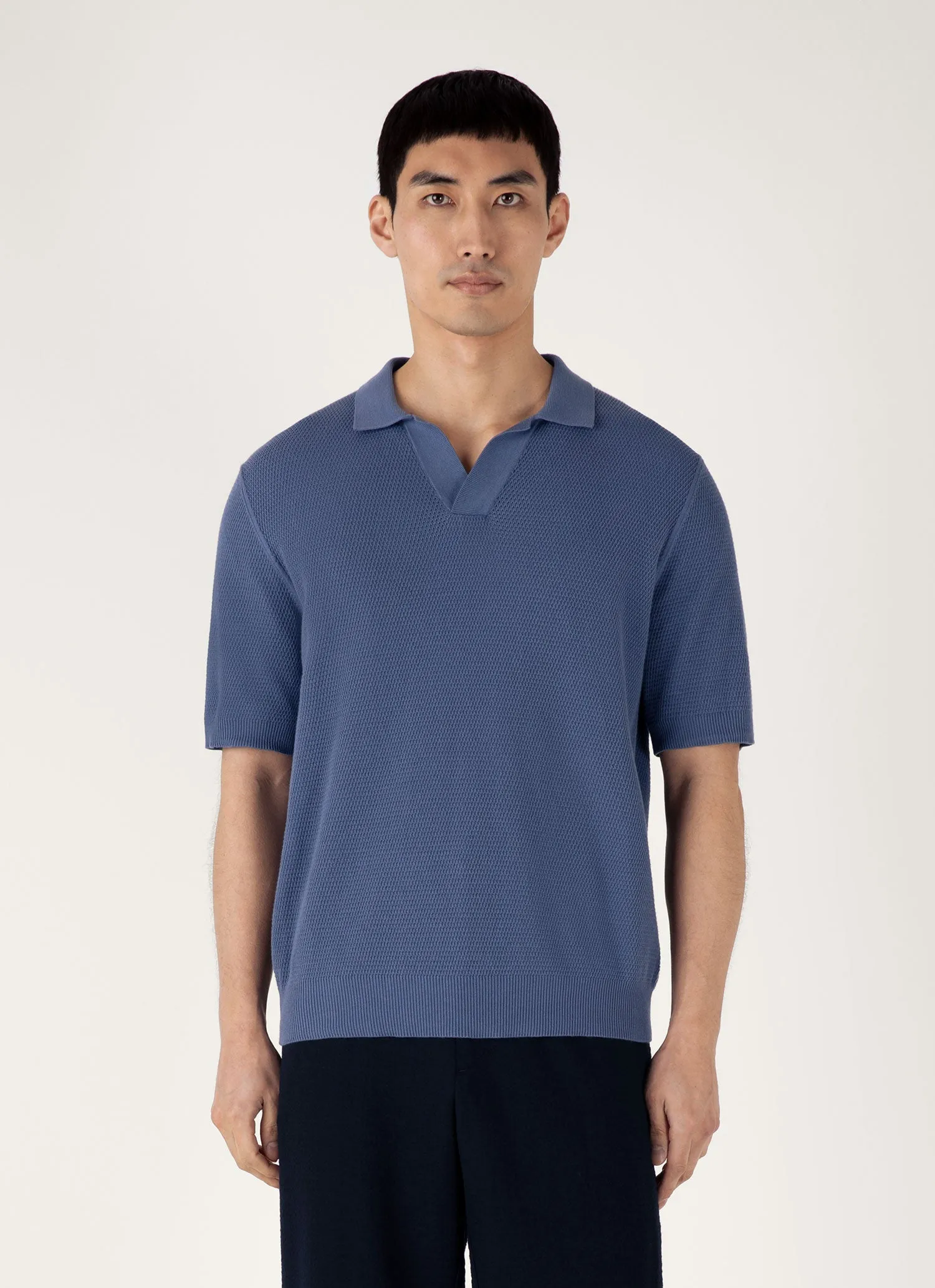 Men's Compact Mesh Knit Polo Shirt in Soft Denim Comfy All-Day