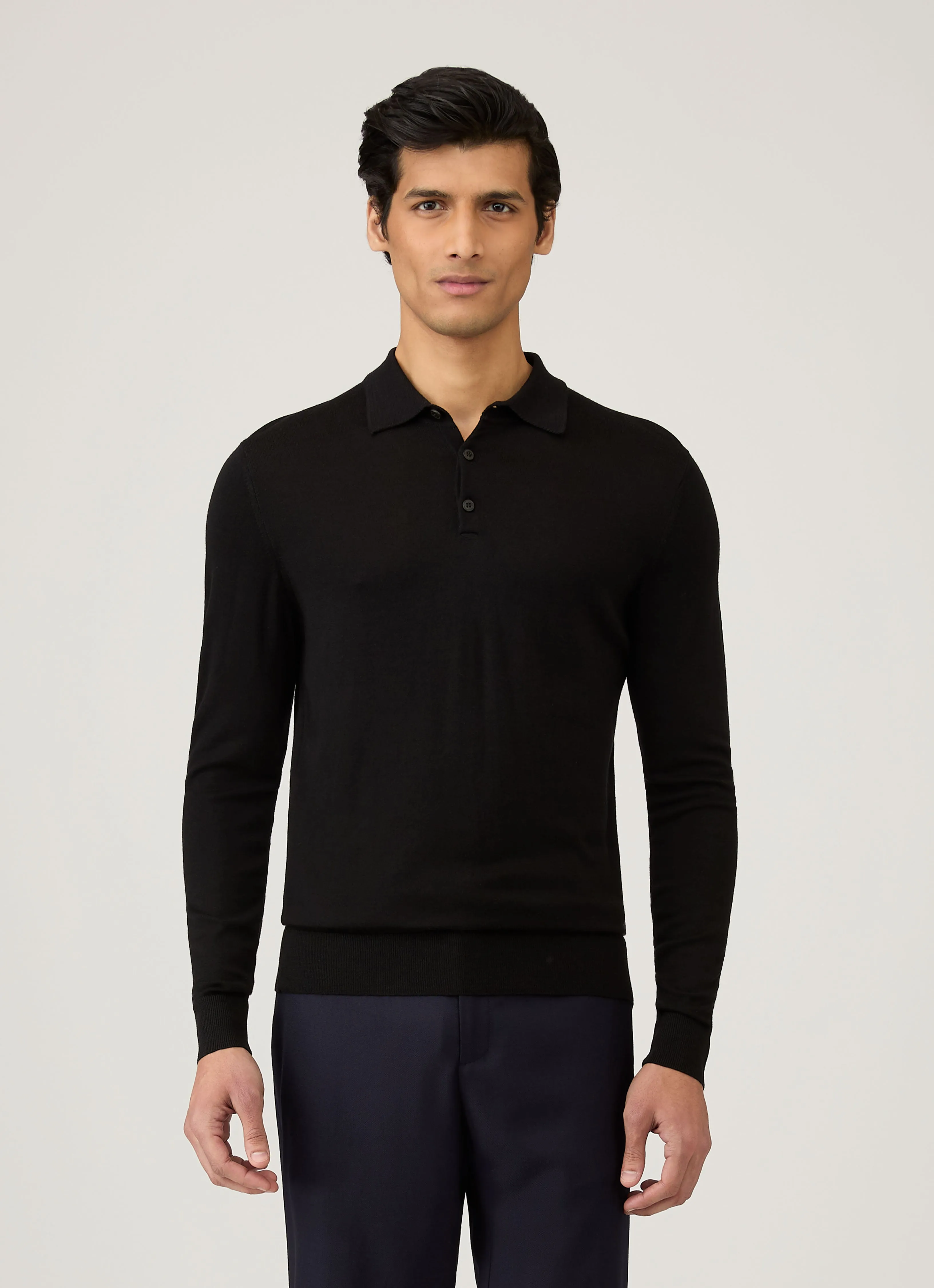 Glossy Look Men's Extra-Fine Merino Polo Shirt in Black