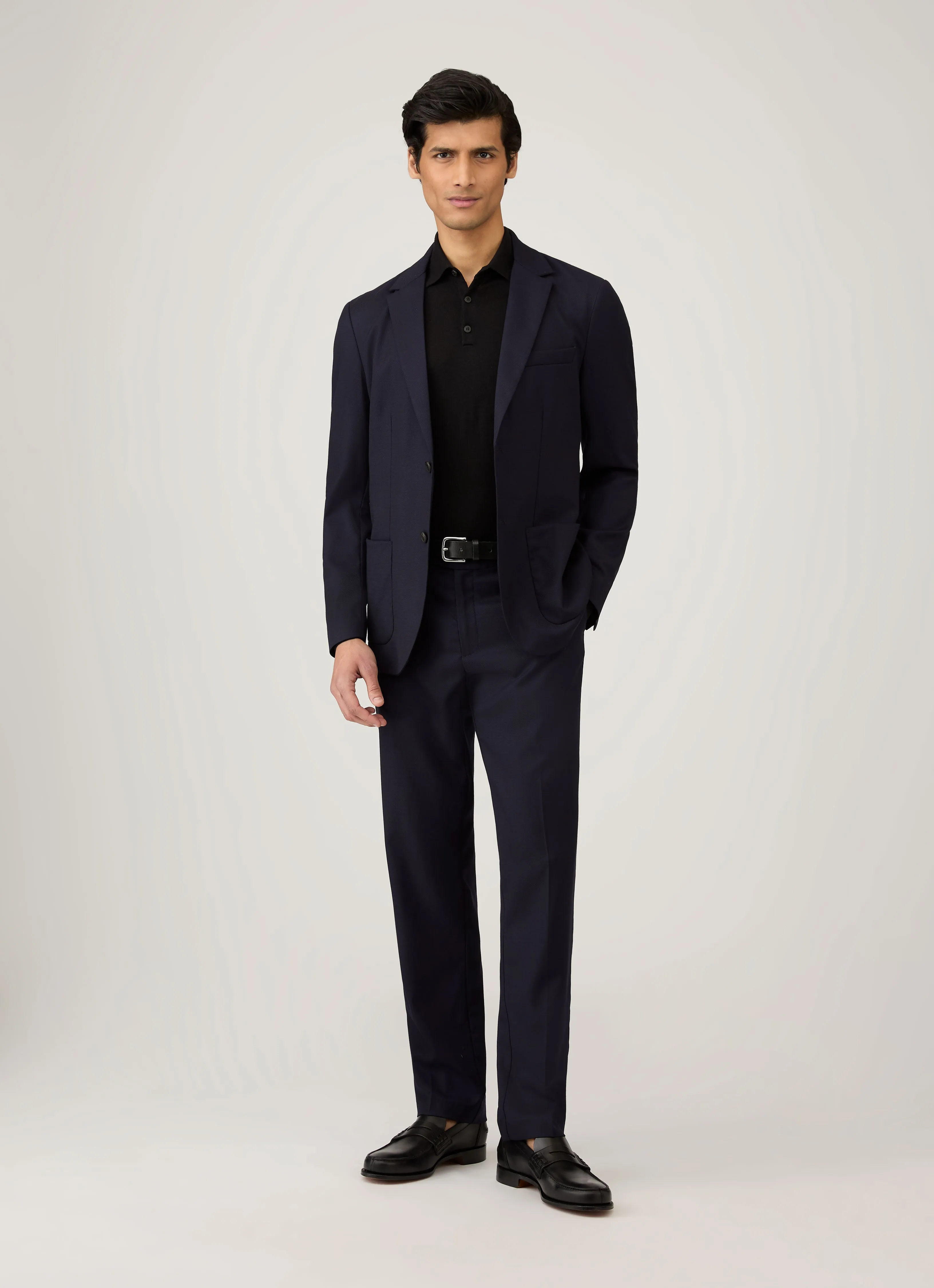 Subtle Logo Placement Men's Extra-Fine Merino Polo Shirt in Black