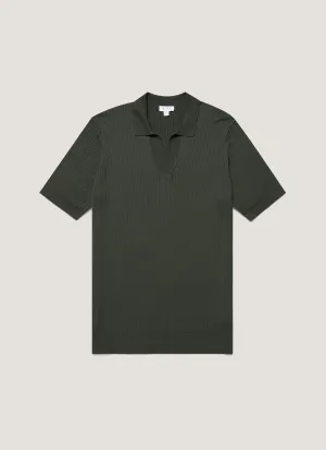 Men's Fine Rib Silk Cotton Polo Shirt in Dusk Green Eye-Catching