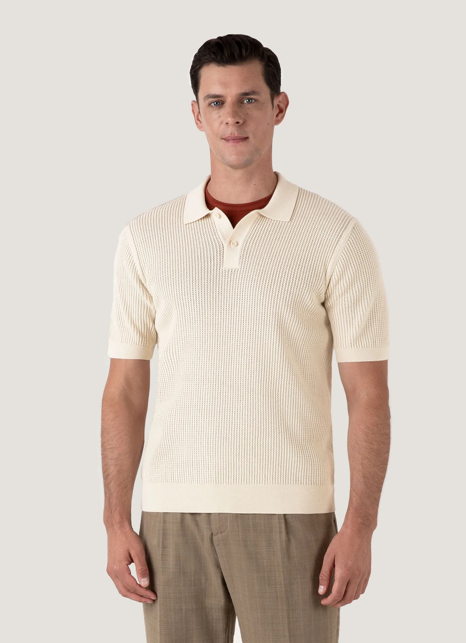 Men's Linear Mesh Knit Polo Shirt in Ecru Daily Casual Casual and Soft
