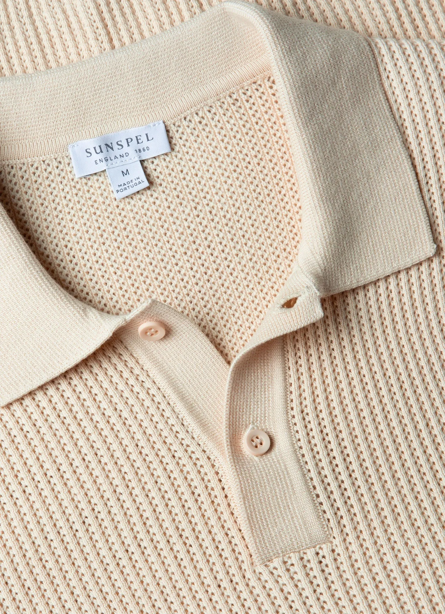 Men's Linear Mesh Knit Polo Shirt in Ecru Cozy Fit Design Soft and Stretchy