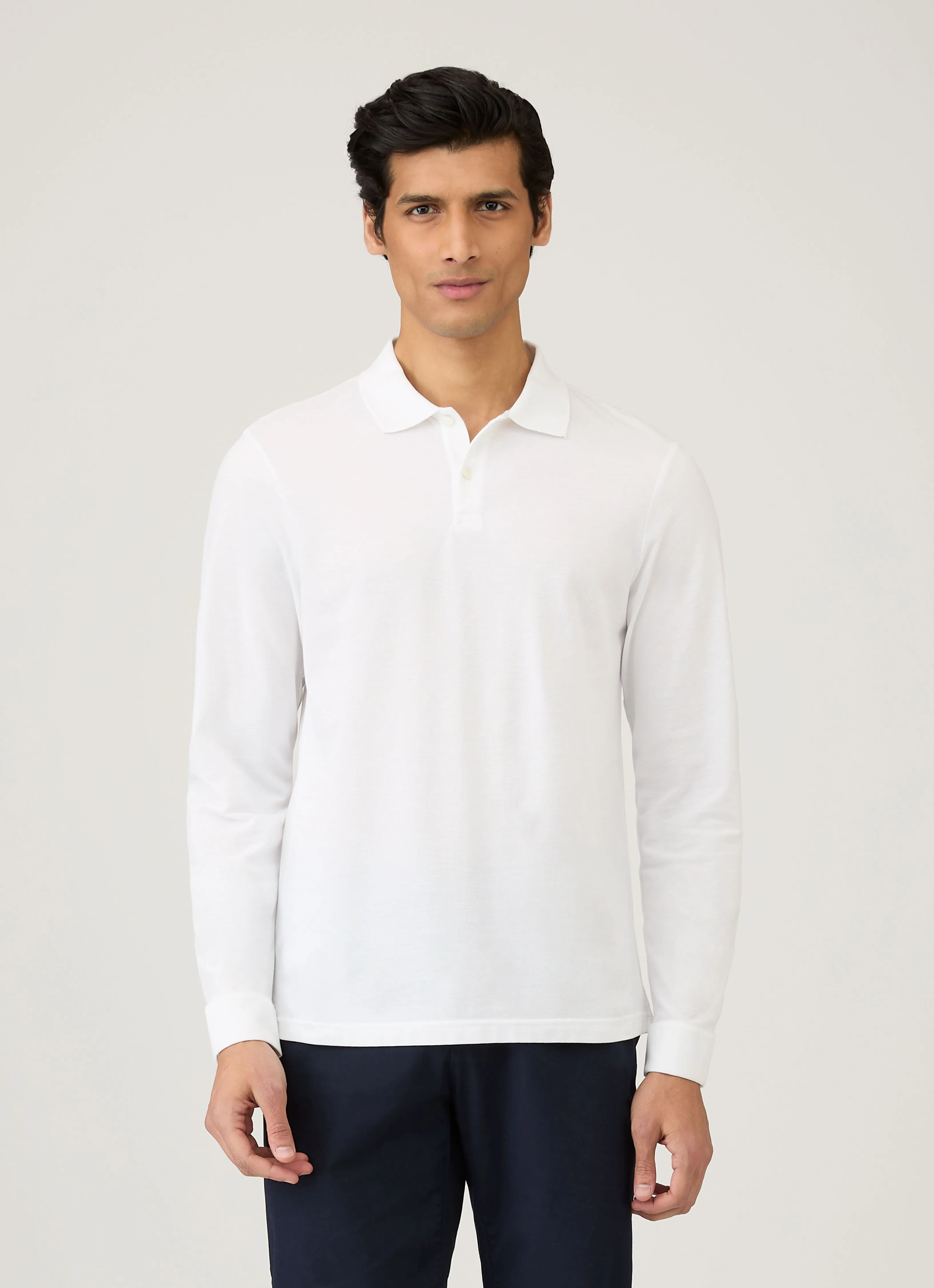 Men's Long Sleeve Piqu?? Polo Shirt in White Soft Base Soft Wear